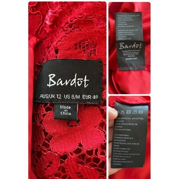 ⭐ Bardot Famous Red Lace Long Sleeve Cocktail Dress – Size 8 / Medium - Picture 9 of 10